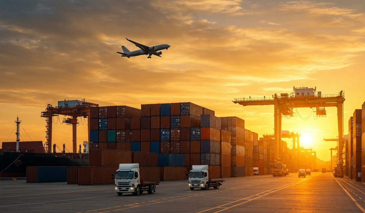 shipping-port-sunset-cargo-airplanes-trucks